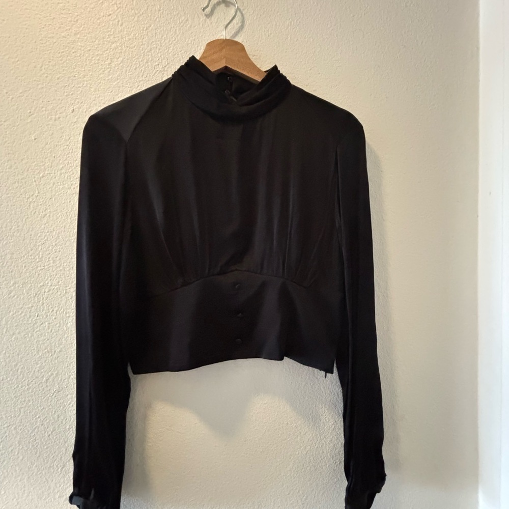 Zara Black Long-Sleeve Mock Neck Satin Blouse